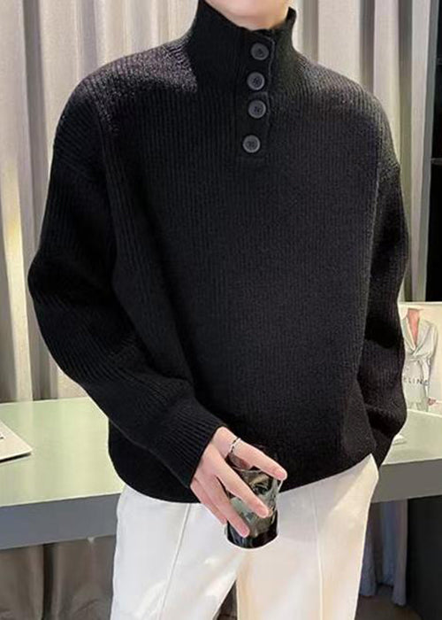 New Red Turtleneck Button Solid Knit Men Sweater Tops Winter