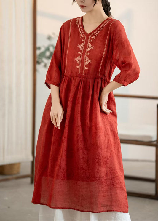 New Red V Neck Embroidered Wrinkled Linen Dress Summer