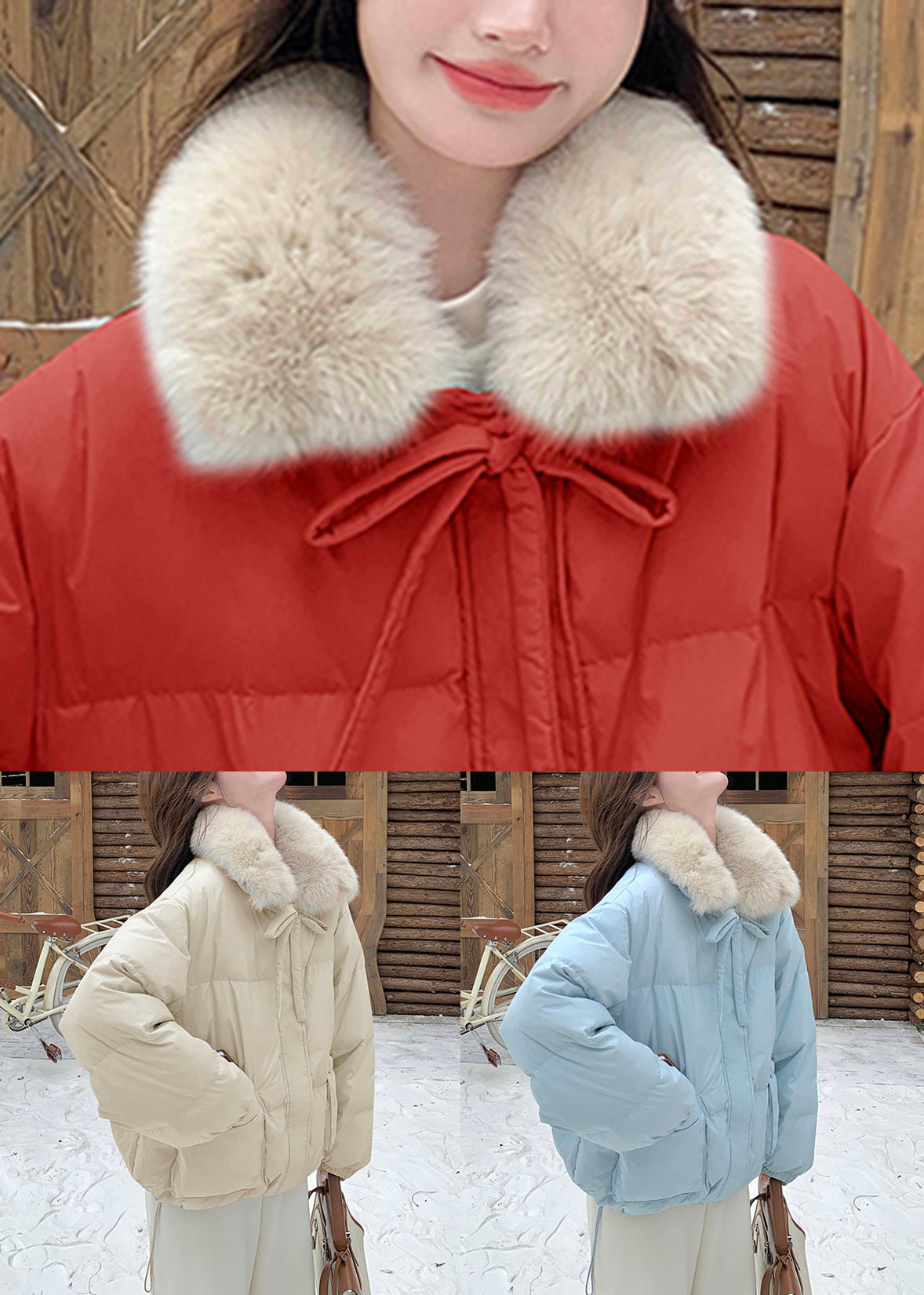 Neue rote Wintermäntel mit Reißverschluss, Schnürtaschen und Entendaunenfüllung