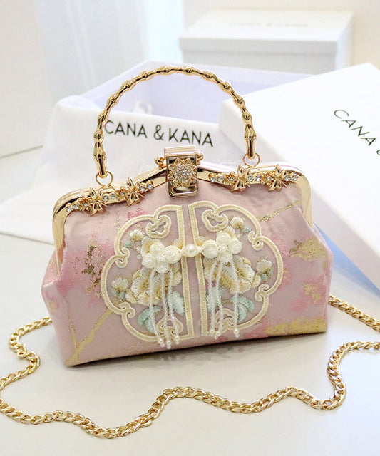 New Retro Beige Embroidered Zircon Cotton Tote Handbag