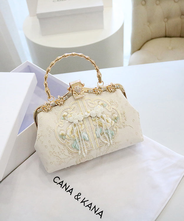 New Retro Beige Embroidered Zircon Cotton Tote Handbag