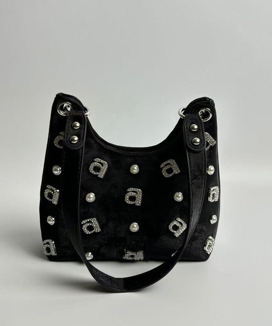 New Retro Green Satin Letter Zircon Shoulder Bag