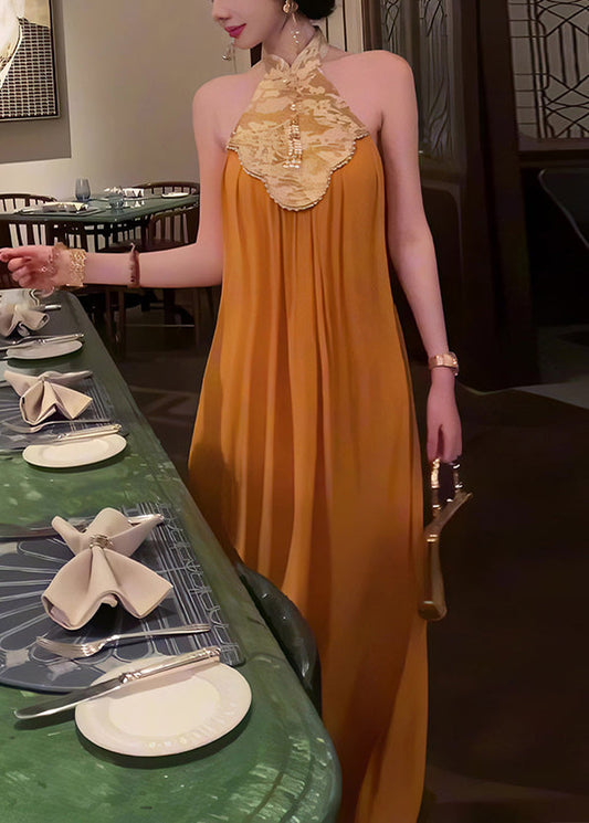 New Retro Orange Patchwork Chiffon Halter Dresses Summer