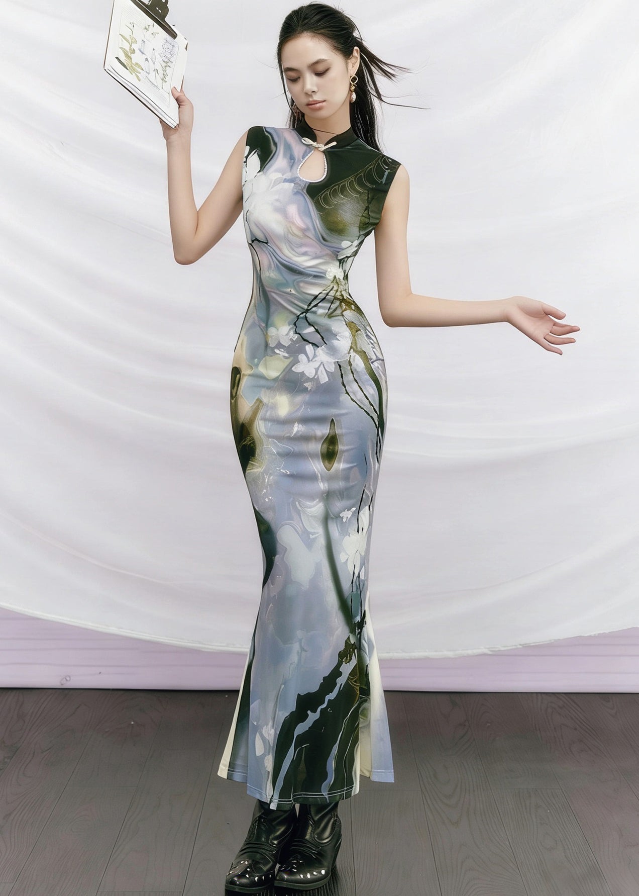 New Retro Purple Stand Collar Print Slim Tulle Dress Summer