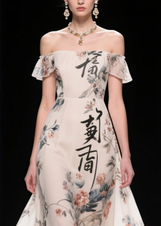 New Retro White Print Patchwork Lace Chiffon Strapless Dress Summer