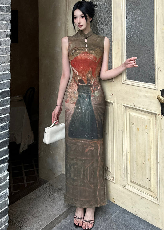 New Retro Women Stand Collar Print Tulle Maxi Dress Summer