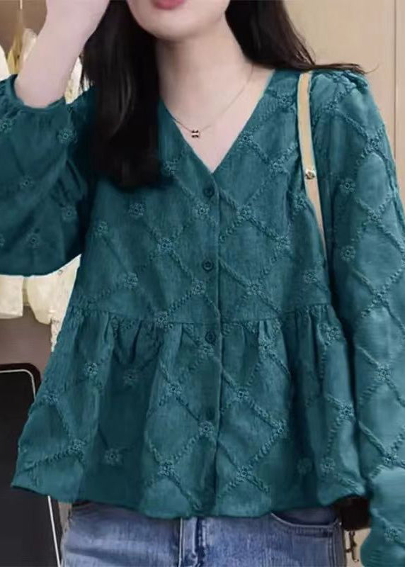 Neues Rosen-V-Ausschnitt-Baumwollhemd mit Knopfleiste und Patchwork-Design für den Frühling