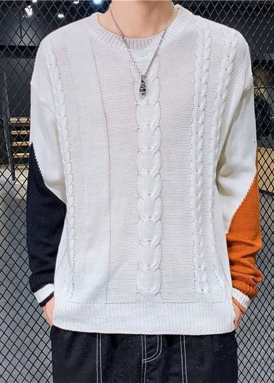 New White Asymmetrical Patchwork Cable Knit Men Sweaters Spring