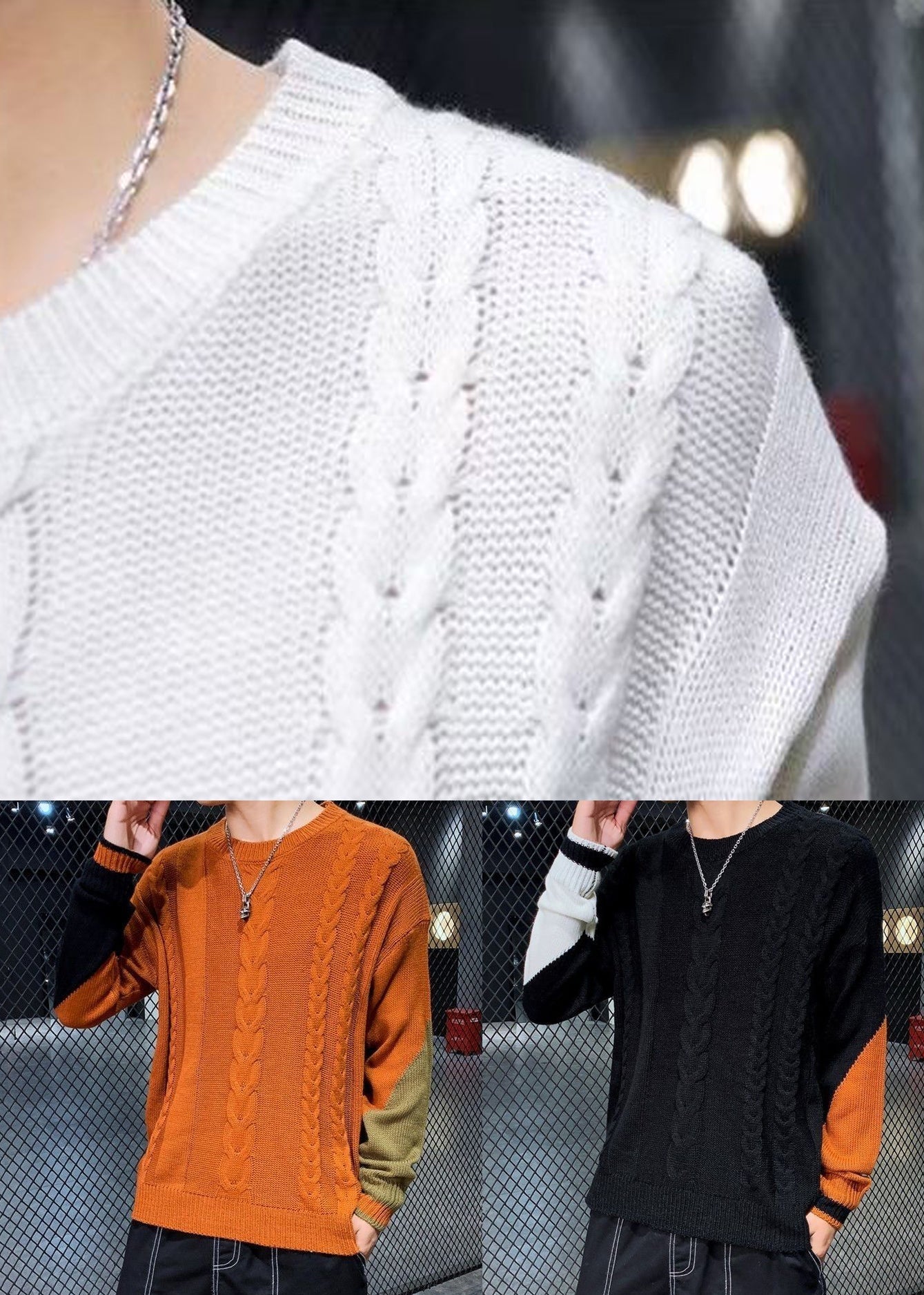 New White Asymmetrical Patchwork Cable Knit Men Sweaters Spring