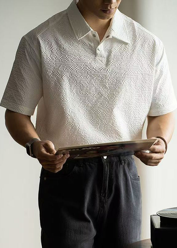 New White Button Solid Cotton Mens Polo Shirts Summer