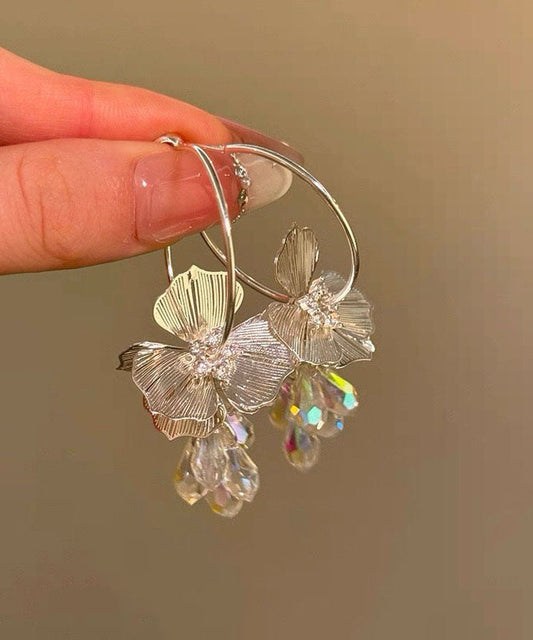 New White Copper Alloy Zircon Crystal Floral Hoop Earrings
