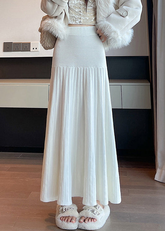 New White High Waist Solid Knit Pleated Skirt