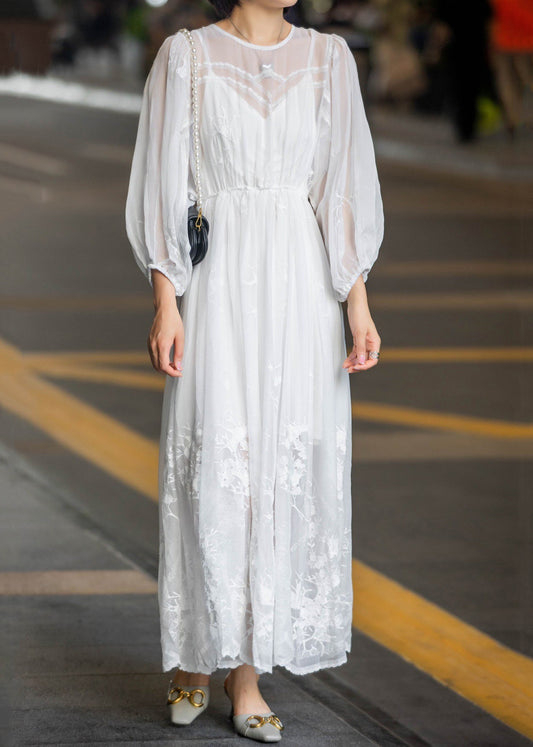 New White Lace Embroidered Lace Up Chiffon Long Dress Fall