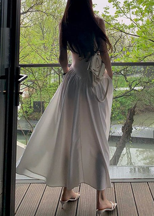 Neu Weißes, ärmelloses, langes Baumwollkleid mit Schnürung und Taschen