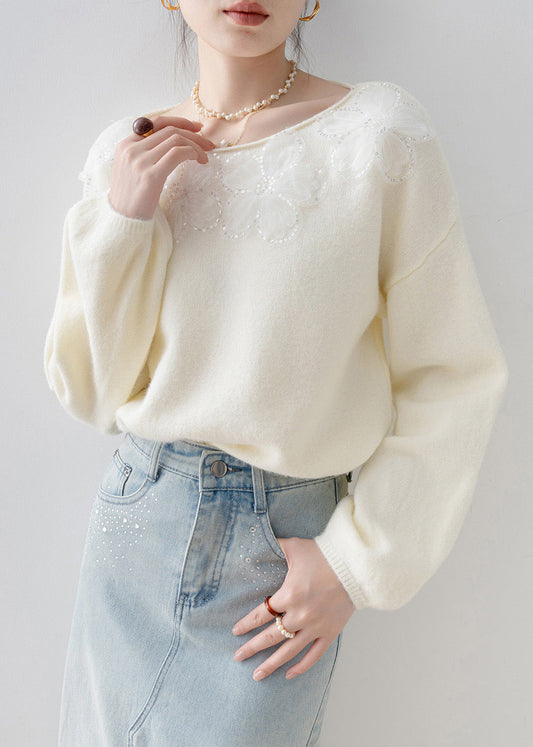 New White O Neck Floral Sequins Knitted Tops Spring