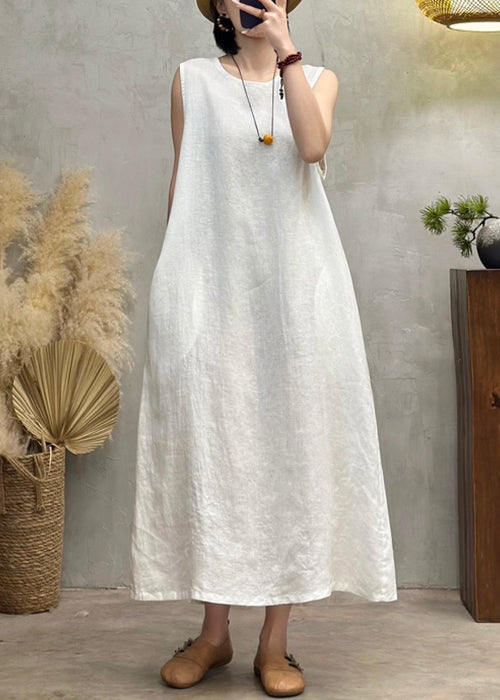 New White O Neck Pockets Solid Linen Long Dress Sleeveless