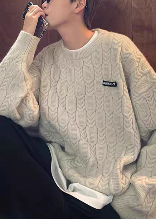 New White O-Neck Thick Cable Knit Men Sweater Tops Winter