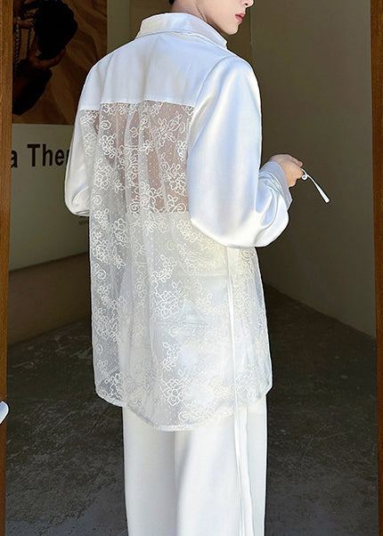New White Oversized Patchwork Lace Satin Men Apparel Summer