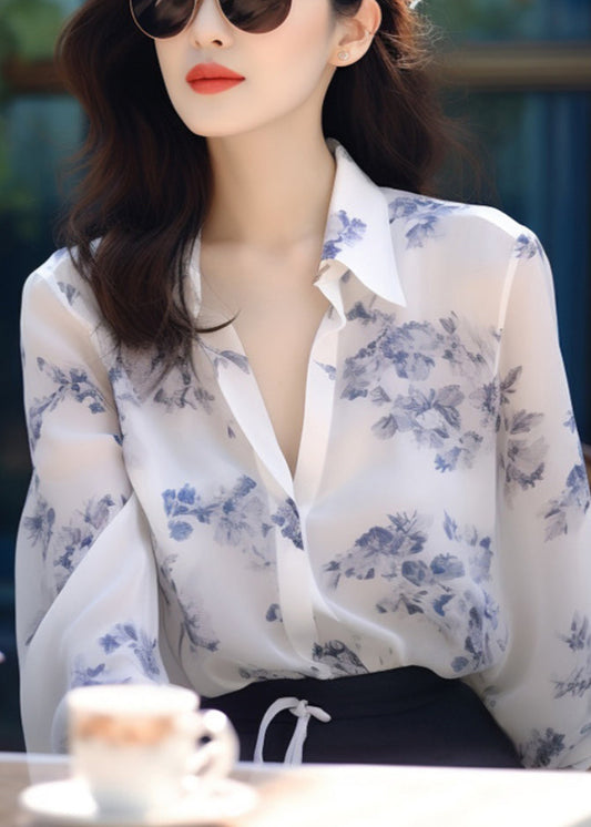 Neu Weiß Peter Pan Kragen Print Chiffon Blusen Langarm