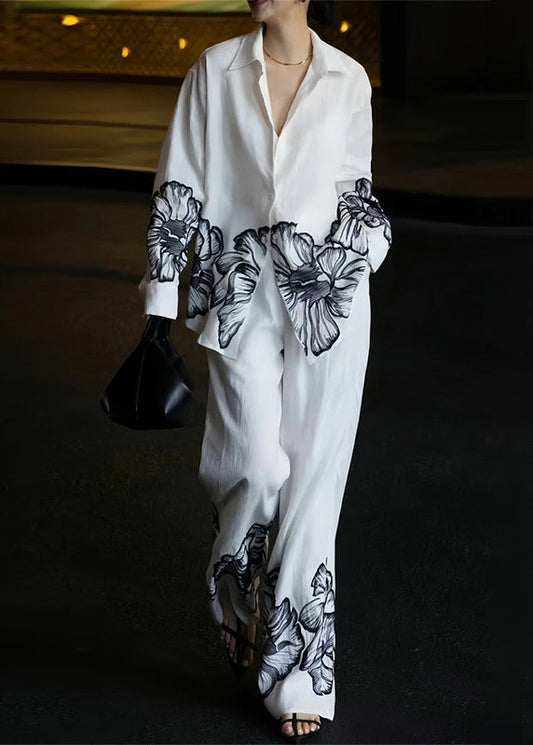 New White Peter Pan Collar Print Linen Two Piece Set Fall