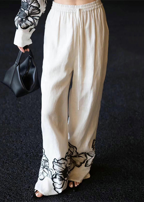 New White Peter Pan Collar Print Linen Two Piece Set Fall