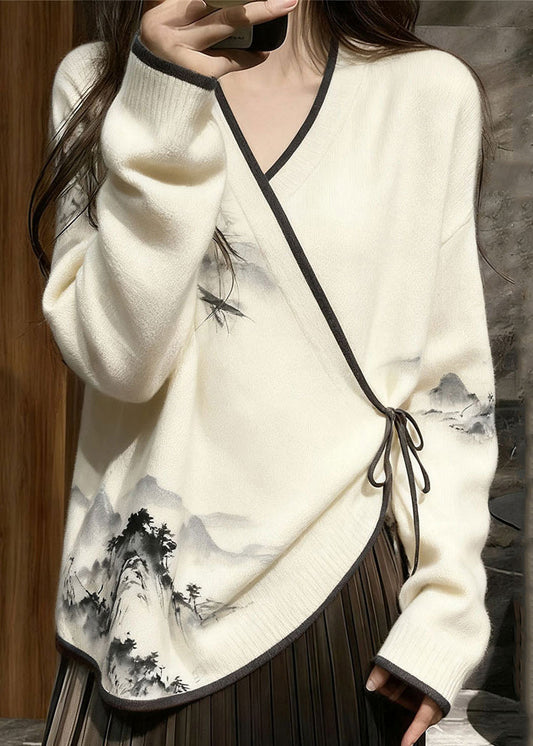 New White V Neck Landscape Painting Lace Up Knit Sweater Spring