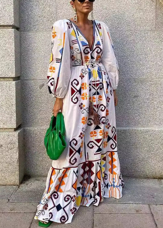 Neu Weiß V-ausschnitt Print Lace Up Baumwolle Kleider Langarm