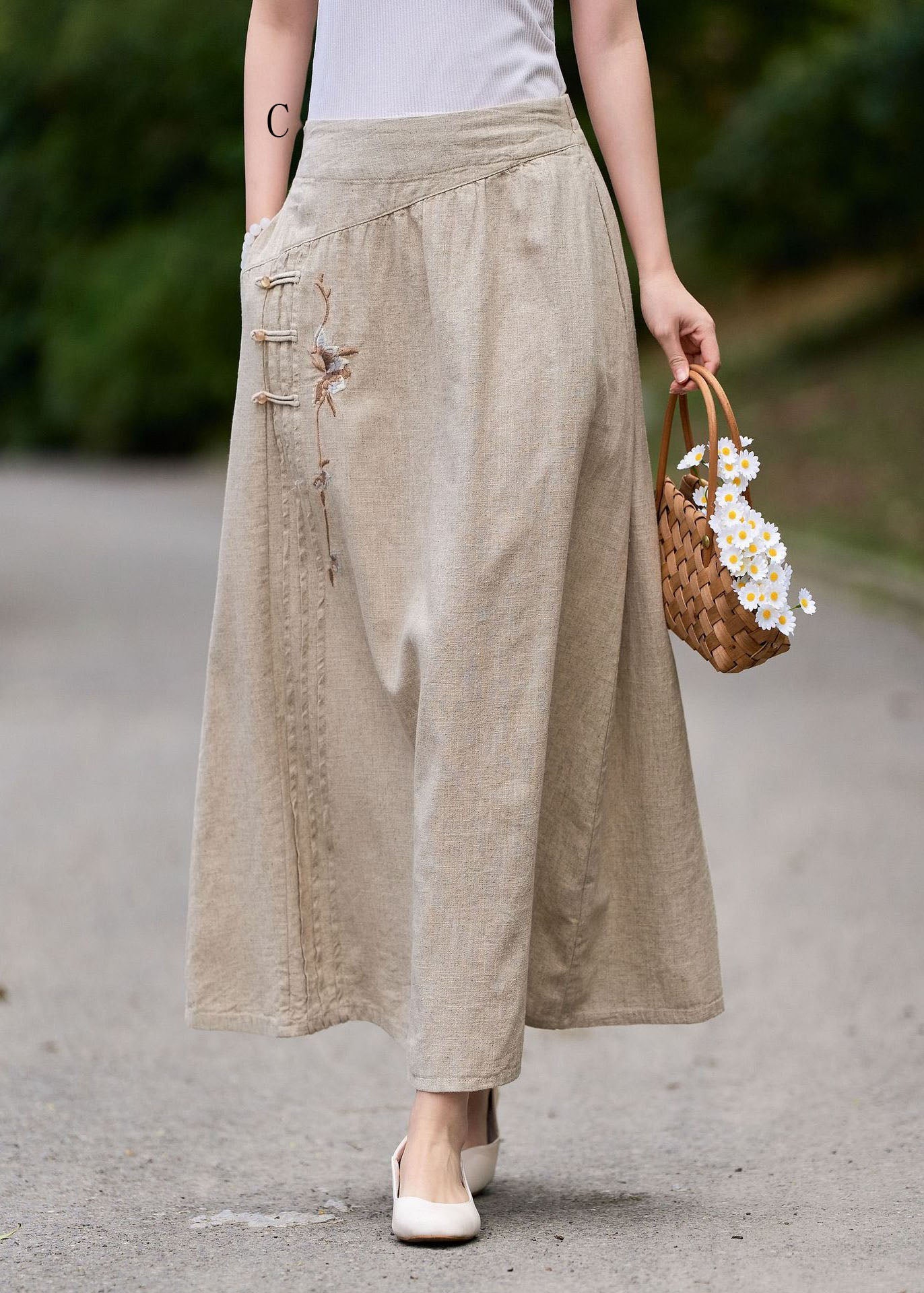New Wrinkled Embroidered Patchwork Linen Skirt Summer