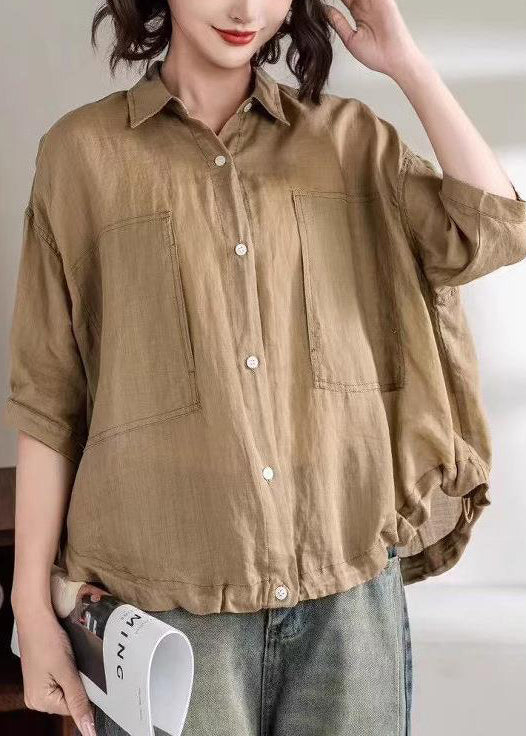 New Yellow Peter Pan Collar Button Drawstring Linen Shirts Half Sleeve