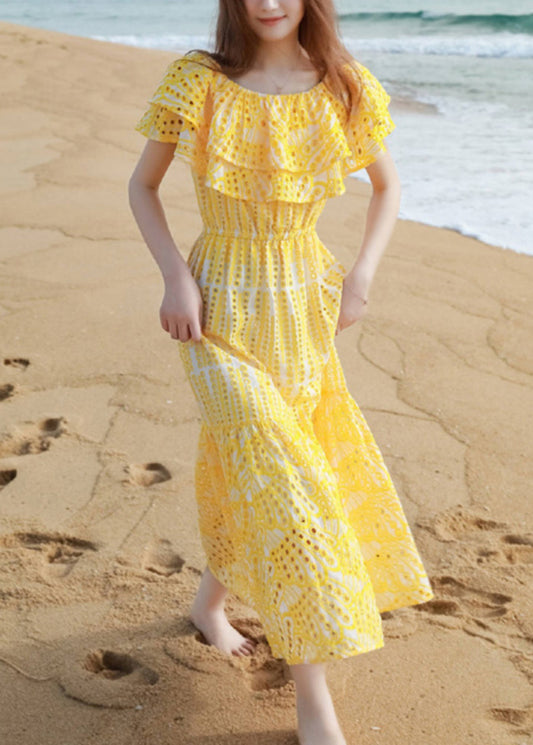 New Yellow Ruffled Hollow Out Cotton Maxi Dress Summer