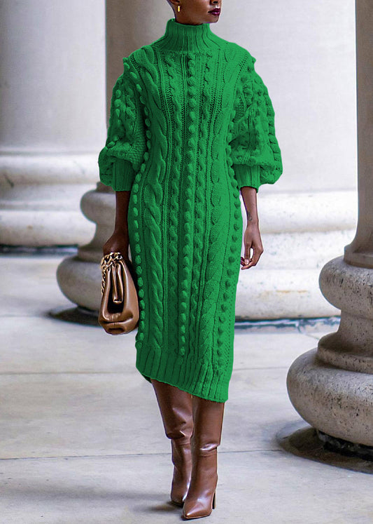 Neuer gelber Rollkragenpullover mit seitlicher Öffnung, Zopfstrick, langes Kleid mit Armbandärmeln