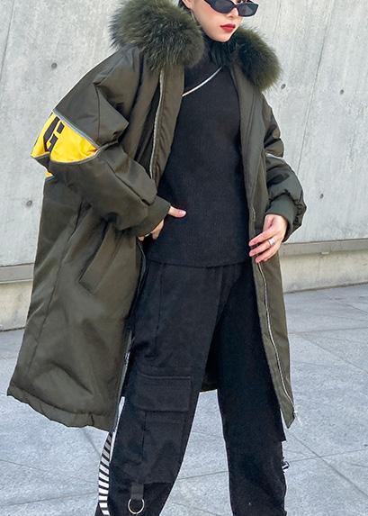 New army green overcoat plus size snow jackets hooded faux fur collar winter outwear - SooLinen