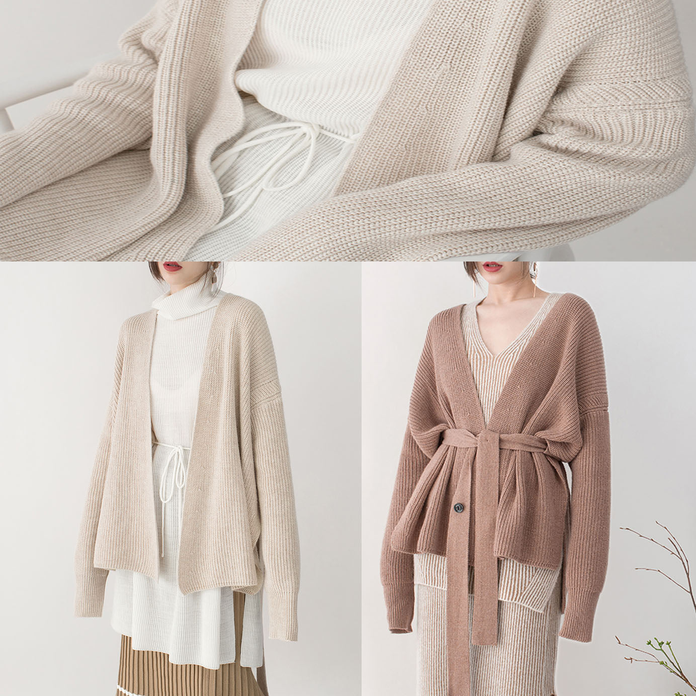 Neuer beigefarbener Winterpullover mit V-Ausschnitt und Bindegürtel, stricken, Sweat-Tops, lässiges Top