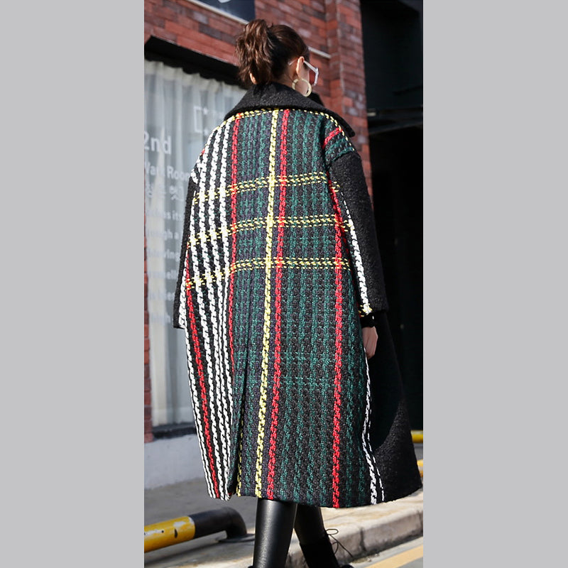 Neu Schwarzer Wintermantel übergroßer gekerbter Rücken offener Maximantel Damentaschen Patchwork lange