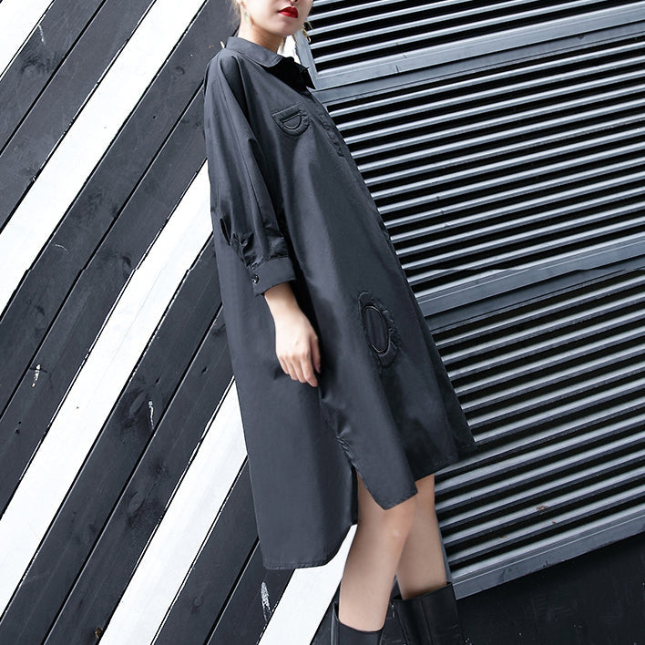 New black cotton knee dress plus size clothing cotton maxi dress women lapel collar asymmetric cotton dresses