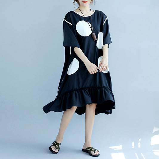 Neue schwarze gepunktete Baumwollkleider in Übergröße, Baumwollkleidungskleider, Vintage-Rüschensaum, kurzärmeliges Baumwollkleidungskleid