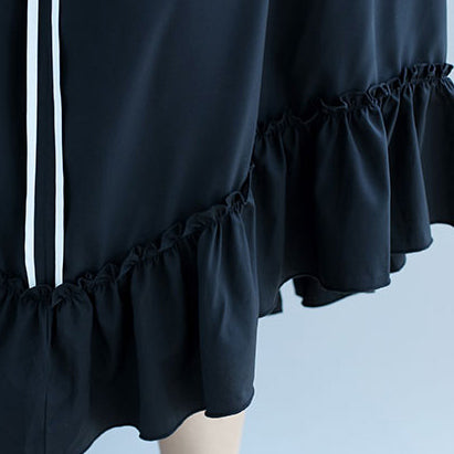 Neue schwarze gepunktete Baumwollkleider in Übergröße, Baumwollkleidungskleider, Vintage-Rüschensaum, kurzärmeliges Baumwollkleidungskleid
