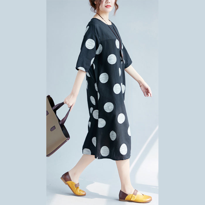 Neue schwarz gepunktete Baumwoll-Leinen-Kleider in Übergröße O-Ausschnitt Taschen Baumwoll-Leinen-Kleidung Kleid 2018 Halbarm Patchwork Maxikleider