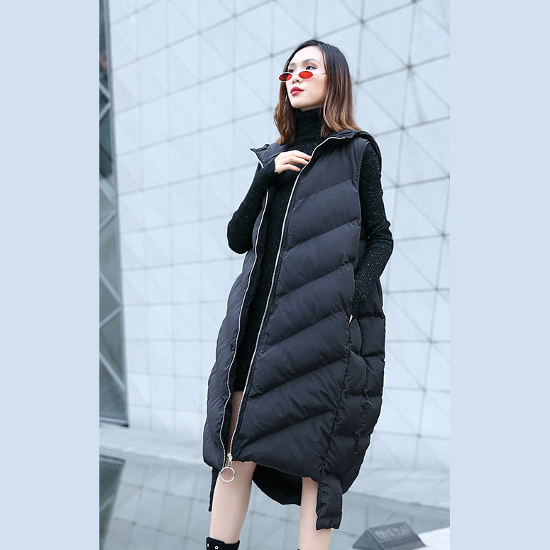 Neue schwarze Daunenoberteile, trendige Daunenjacke mit Kapuze und Reißverschluss in Übergröße, lässige ärmellose Trenchcoats