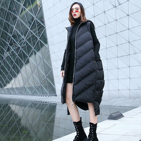 Neue schwarze Daunenoberteile, trendige Daunenjacke mit Kapuze und Reißverschluss in Übergröße, lässige ärmellose Trenchcoats