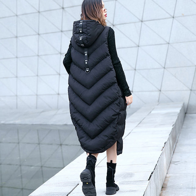 Neue schwarze Daunenoberteile, trendige Daunenjacke mit Kapuze und Reißverschluss in Übergröße, lässige ärmellose Trenchcoats