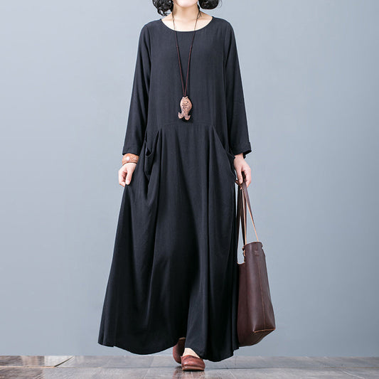 Neues schwarzes Herbstkleid in Übergröße mit O-Ausschnitt und Taschen, Reisekleidung, Boutique, Langarm-Herbstkleid