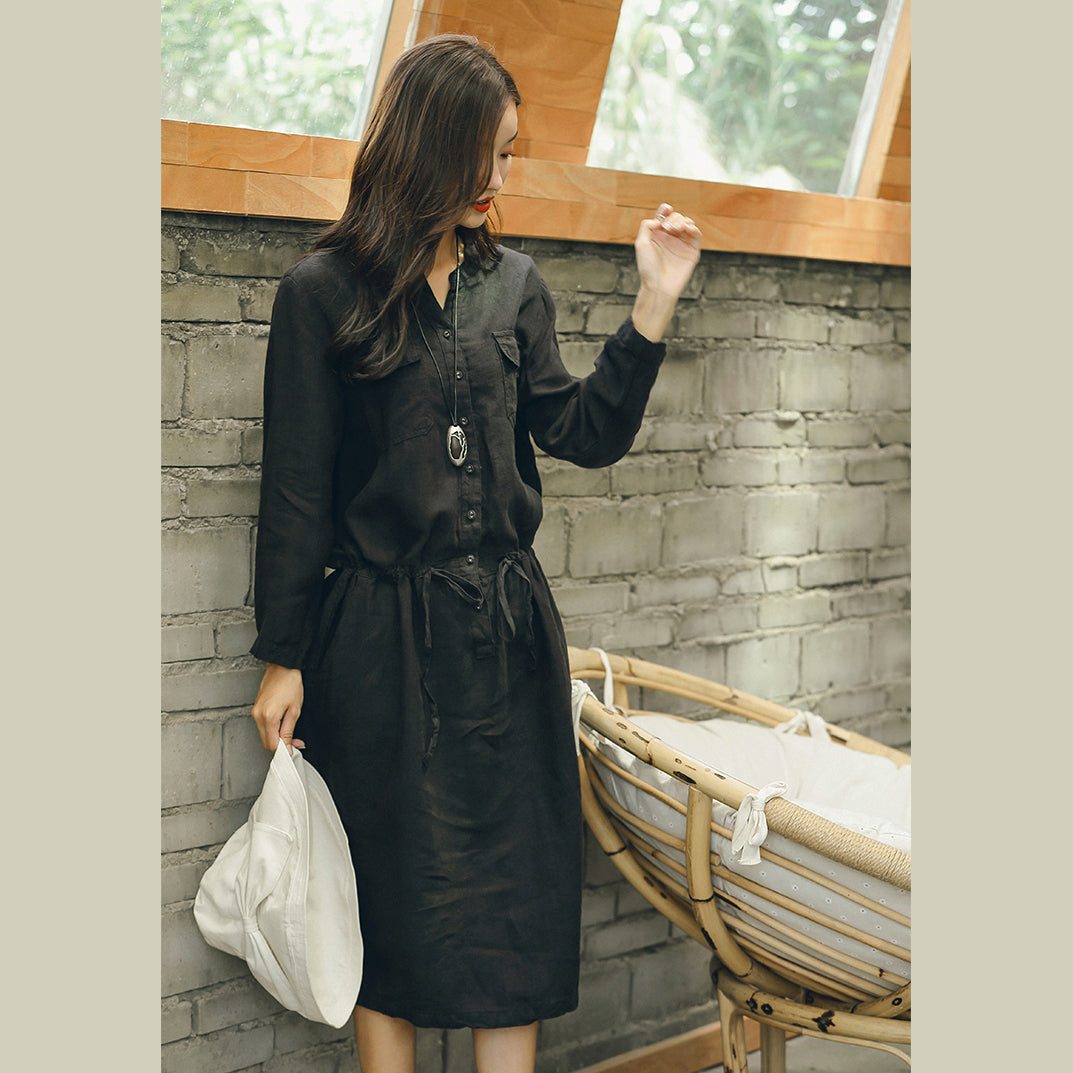 Neu Schwarz plus größe leinen kleid krawatte taille frauen