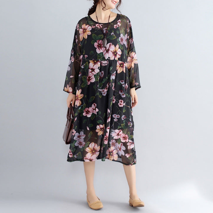 Neue schwarze Drucke Chiffon-Kleider plus Größe Casual Dress Langarm zwei Stücke Kleid