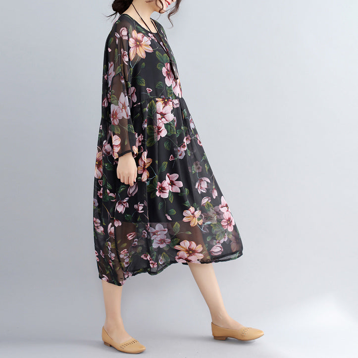 Neue schwarze Drucke Chiffon-Kleider plus Größe Casual Dress Langarm zwei Stücke Kleid