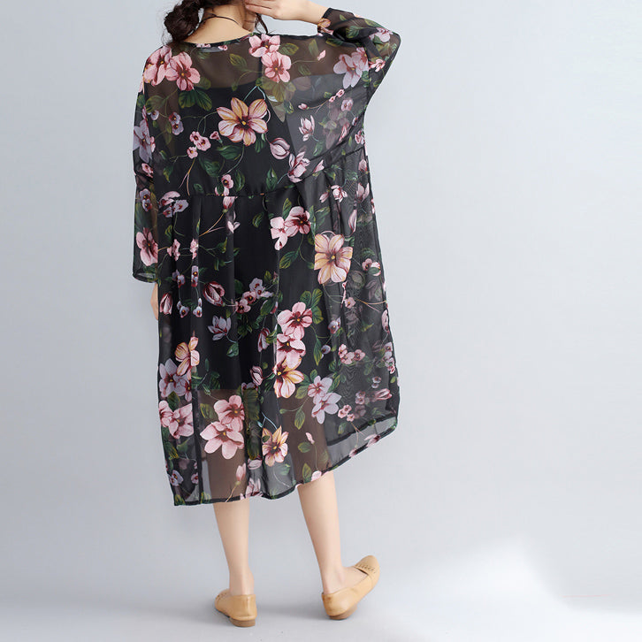 Neue schwarze Drucke Chiffon-Kleider plus Größe Casual Dress Langarm zwei Stücke Kleid