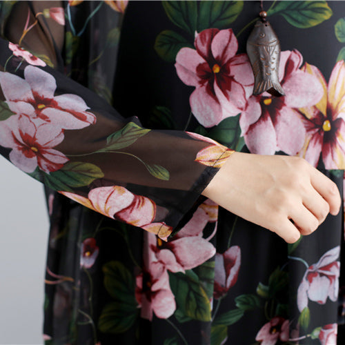 Neue schwarze Drucke Chiffon-Kleider plus Größe Casual Dress Langarm zwei Stücke Kleid