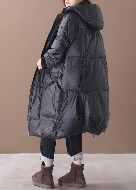 New black warm winter coat plus size down jacket hooded pockets women coats - SooLinen