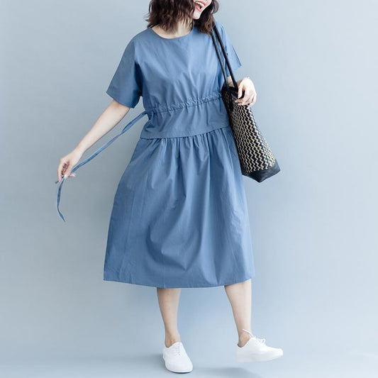 Neue blaue Baumwollkleider Oversize O-Ausschnitt Kordelzug Kaftane Feine Kurzarm Baggy Kleider