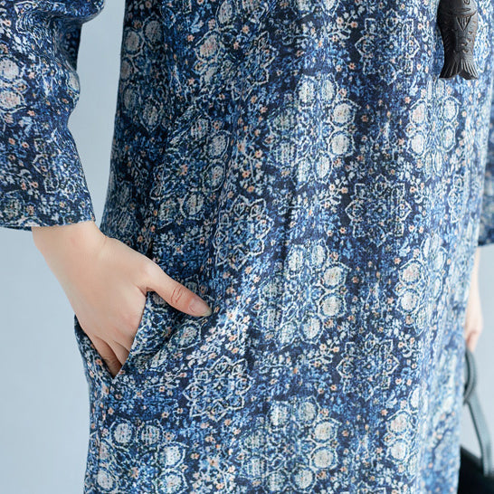 Neues langes Leinenkleid mit blauem Aufdruck, Übergrößen, V-Ausschnitt, Baggy-Kleider, Reisekleidung, Vintage-Kleider mit langen Ärmeln und Taschen